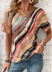 Multi Color tops,Geometric tops,Button Geometric Print Multi Color V Neck T Shirt