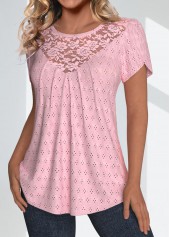 Light Pink tops,Plain Color tops,ROTITA Lace Light Pink Round Neck Short Sleeve T Shirt