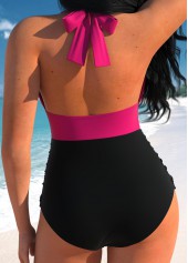 Hot Pink swimwear,Black swimwear,Contrast Color swimwear,ROTITA Hot Pink Lace Patchwork One Piece Swimwear
