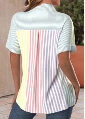 Multi Color tops,Striped tops,Geometric tops,ROTITA Button Striped Multi Color Shirt Collar Short Sleeve Blouse