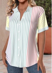 Multi Color tops,Striped tops,Geometric tops,ROTITA Button Striped Multi Color Shirt Collar Short Sleeve Blouse