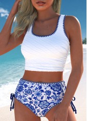 White swimwear,Dark Blue swimwear,Plants swimwear,Floral swimwear,ROTITA Drawstring White Random Floral Print Bikini Set