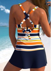 Navy swimwear,Orange swimwear,Striped swimwear,Geometric swimwear,ROTITA Surplice Navy Multi Stripe Print Tankini Set