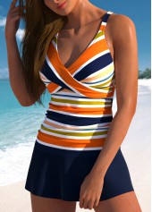 Navy swimwear,Orange swimwear,Striped swimwear,Geometric swimwear,ROTITA Surplice Navy Multi Stripe Print Tankini Set