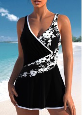 Black swimwear,Floral swimwear,Plants swimwear,ROTITA Black Floral Print One Piece Swimdress