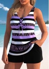 Light Purple swimwear,Black swimwear,Striped swimwear,Geometric swimwear,ROTITA Lace Up Light Purple Striped Tankini Set