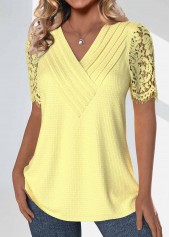 Light Yellow tops,Plain Color tops,ROTITA Lace Light Yellow V Neck Short Sleeve T Shirt