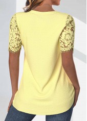 Light Yellow tops,Plain Color tops,ROTITA Lace Light Yellow V Neck Short Sleeve T Shirt