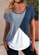 rotita patchwork rayé bleu marine col rond t-shirt à manches courtes