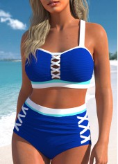 Royal Blue swimwear,Plain Color swimwear,ROTITA Criss Cross Patchwork Royal Blue Bikini Set