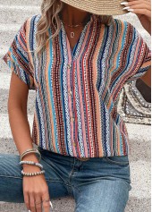 Multi Color tops,Tribal tops,Button Tribal Print Multi Color V Neck Blouse