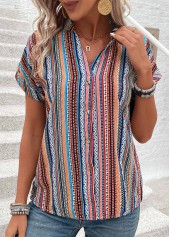 Multi Color tops,Tribal tops,Button Tribal Print Multi Color V Neck Blouse
