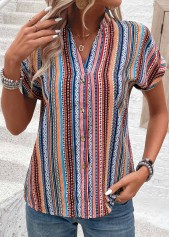 Button Tribal Print Multi Color V Neck Blouse