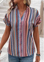 Multi Color tops,Tribal tops,Button Tribal Print Multi Color V Neck Blouse