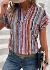 Multi Color tops,Tribal tops,Button Tribal Print Multi Color V Neck Blouse