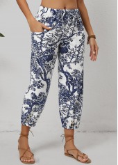 White bottoms,Blue bottoms,Plants bottoms,Floral bottoms,Pocket Leaf Print White Jogger Drawastring Mid Waisted Pants