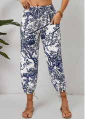 White bottoms,Blue bottoms,Plants bottoms,Floral bottoms,Pocket Leaf Print White Jogger Drawastring Mid Waisted Pants
