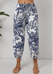 White bottoms,Blue bottoms,Plants bottoms,Floral bottoms,Pocket Leaf Print White Jogger Drawastring Mid Waisted Pants