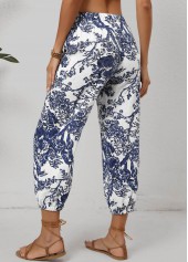 White bottoms,Blue bottoms,Plants bottoms,Floral bottoms,Pocket Leaf Print White Jogger Drawastring Mid Waisted Pants
