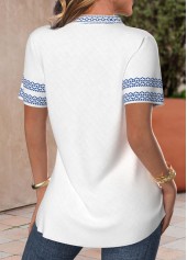 White tops,Blue tops,Tribal tops,Geometric tops,ROTITA Patchwork Tribal Print White Split Neck Short Sleeve Blouse