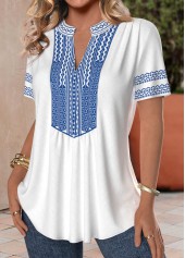 White tops,Blue tops,Tribal tops,Geometric tops,ROTITA Patchwork Tribal Print White Split Neck Short Sleeve Blouse