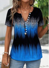 Sky Blue tops,Black tops,Ombre tops,Button Ombre Sky Blue Split Neck T Shirt