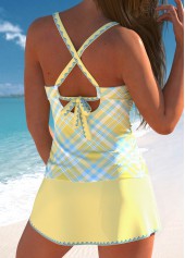 Light Yellow swimwear,Plaid swimwear,Striped swimwear,Geometric swimwear,ROTITA Surplice Light Yellow Plaid Tankini Set