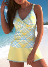 Light Yellow swimwear,Plaid swimwear,Striped swimwear,Geometric swimwear,ROTITA Surplice Light Yellow Plaid Tankini Set