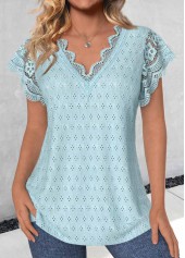 Light Blue tops,Plain Color tops,ROTITA Bowknot Light Blue V Neck Short Sleeve T Shirt