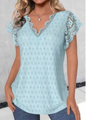 Light Blue tops,Plain Color tops,ROTITA Bowknot Light Blue V Neck Short Sleeve T Shirt