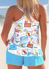 Cyan swimwear,Letter swimwear,Plants swimwear,ROTITA Lace Up Cyan Letter Print Tankini Set