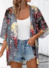 Dark Grey tops,Floral tops,Plants tops,Floral Print Dark Grey 3/4 Sleeve Light Cardigan