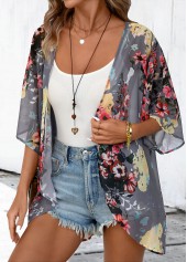 Dark Grey tops,Floral tops,Plants tops,Floral Print Dark Grey 3/4 Sleeve Light Cardigan