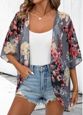 Dark Grey tops,Floral tops,Plants tops,Floral Print Dark Grey 3/4 Sleeve Light Cardigan