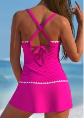 Hot Pink swimwear,Plain Color swimwear,ROTITA Contrast Binding Hot Pink Criss Corss Tankini Set