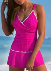 Hot Pink swimwear,Plain Color swimwear,ROTITA Contrast Binding Hot Pink Criss Corss Tankini Set