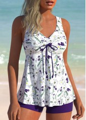 Purple swimwear,Floral swimwear,Plants swimwear,ROTITA Ruched Purple Floral Print Tankini Set