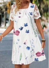 White dresses,Floral dresses,Plants dresses,Everyday dresses,Casual dresses,Lace Floral Print White Short A Line Dress