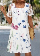 White dresses,Floral dresses,Plants dresses,Everyday dresses,Casual dresses,Lace Floral Print White Short A Line Dress