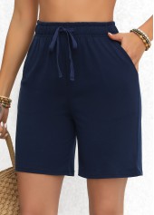 Navy bottoms,Plain Color bottoms,Double Side Pockets Navy Elastic Waist High Waisted Shorts
