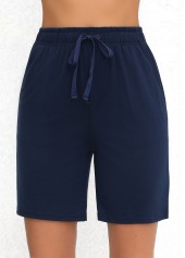 Navy bottoms,Plain Color bottoms,Double Side Pockets Navy Elastic Waist High Waisted Shorts