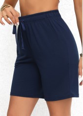 Navy bottoms,Plain Color bottoms,Double Side Pockets Navy Elastic Waist High Waisted Shorts