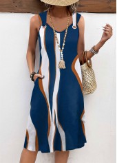 Peacock Blue dresses,Striped dresses,Geometric dresses,Everyday dresses,Casual dresses,ROTITA Pocket Wave Pattern Print Peacock Blue A Line Dress