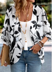 White tops,Plants tops,Lightweight Leaf Print White 3/4 Sleeve Light Cardigan