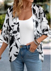 White tops,Plants tops,Lightweight Leaf Print White 3/4 Sleeve Light Cardigan