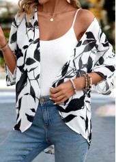 White tops,Plants tops,Lightweight Leaf Print White 3/4 Sleeve Light Cardigan