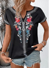 Black tops,Floral tops,Plants tops,Floral Print Black Split Neck Short Sleeve T Shirt