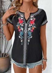 Floral Print Black Split Neck Short Sleeve T Shirt