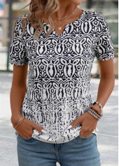 Black tops,White tops,Tribal tops,Tribal Print Black Split Neck Short Sleeve T Shirt