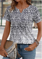 Black tops,White tops,Tribal tops,Tribal Print Black Split Neck Short Sleeve T Shirt